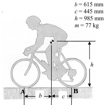 Side view of a cyclist traveling towards the left on a level road. The front wheel of the bike contacts the ground at point A, and the back wheel contacts the ground at point B. The system's center of gravity is located 985 mm above the road, 615 mm to the right of point A, and 445 mm to the left of point B.