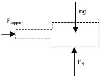 Free-body diagram of the setup from Figure 9 above, with the spring and block both included in the system. System experiences a rightwards force F_support, a downwards weight force mg, and an upwards normal force F_N.