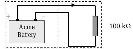 Circuit from the problem diagram with one dotted-line boundary surrounding the battery and its two leads. A second dotted-line boundary surrounds the resistor and the wires leading into and out of it.