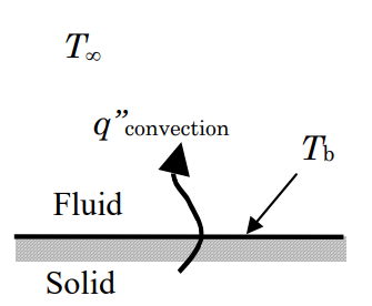 A fluid occupies the upper part of the diagram, and a solid occupies the bottom part. Heat flux of convection points from the solid to the fluid. The fluid temperature away from the fluid-solid border is T_infinity, and the temperature at the border is T_b.