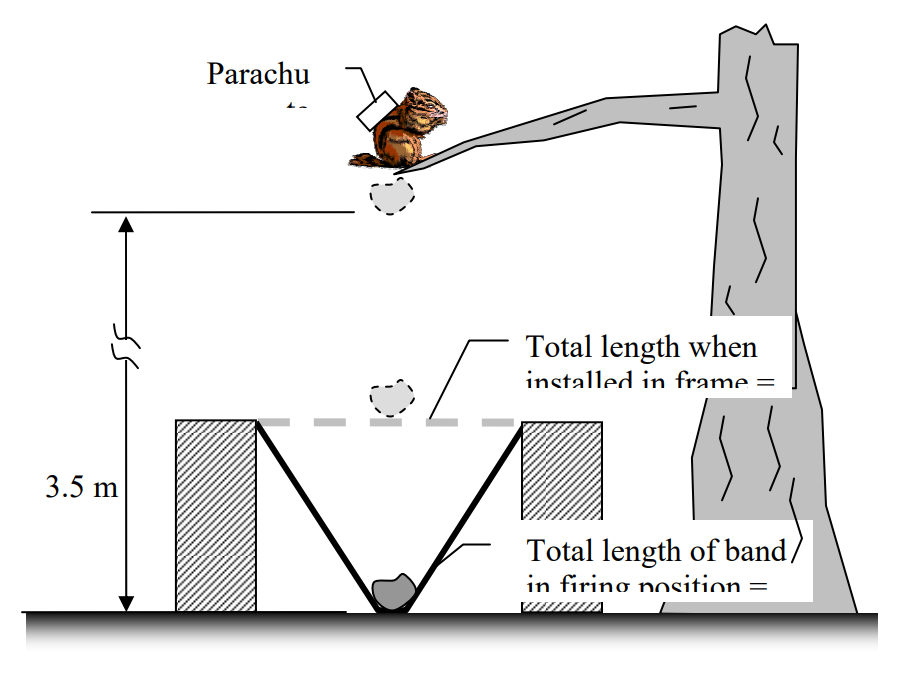A chipmunk wearing a parachute sits on a branch 3.5 meters above the ground. An elastic band is stretched across a frame on the ground, poised to fire a potato booster directly upwards to impact the chipnaut.