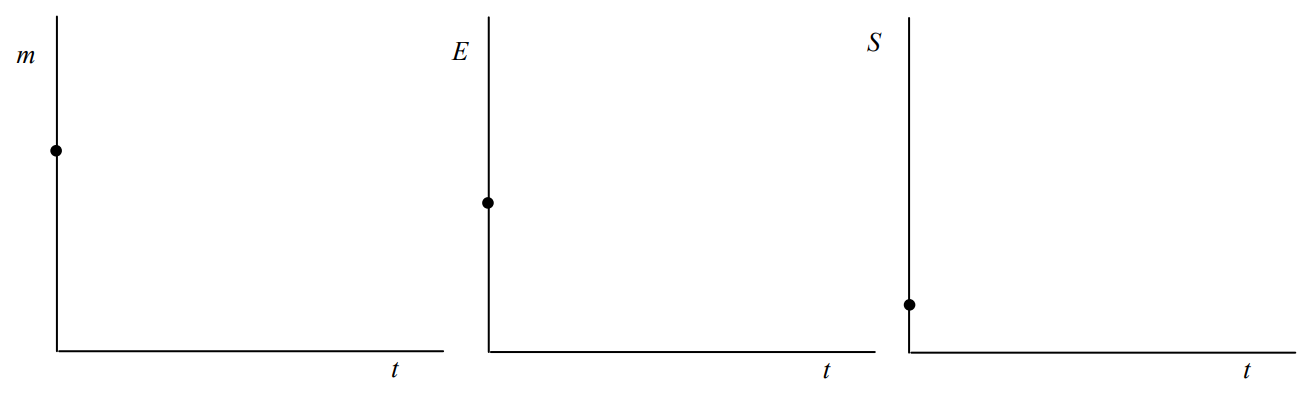 Ejes del primer cuadrante para m vs t, E vs t y S vs t. En t=0, se marca un punto arbitrario en cada uno de los ejes verticales.