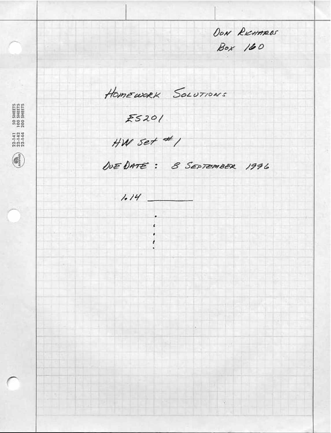 Cover sheet for solutions to Homework Set #1, created by Don Richards, due September 8, 1996.