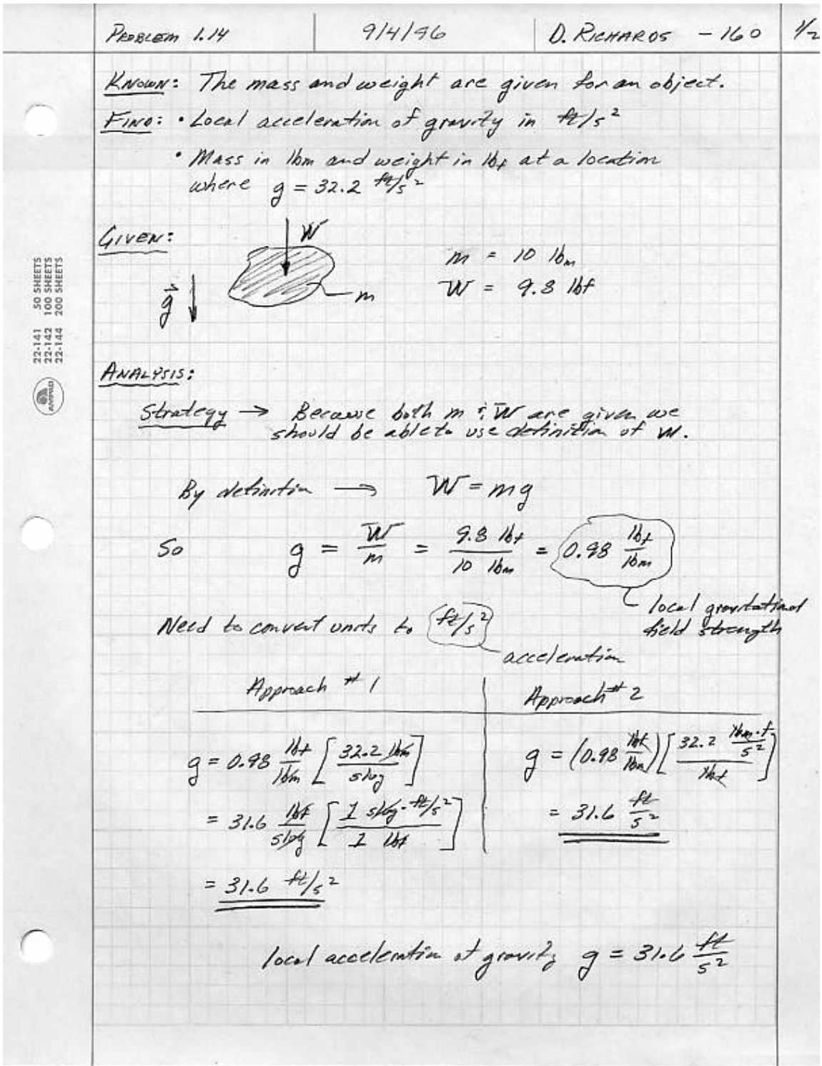 Página 1 de 2 de la solución de Don Richards al problema 1.14, mostrando la información conocida, la información a encontrar, la estrategia de análisis, y la conversión de unidades para la constante de aceleración gravitacional.