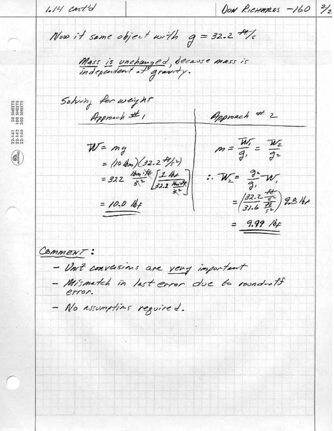 Page 2 of 2 of Don Richards' solution to problem 1.14, showing two approaches for solving for the object weight and comments on the importance of unit conversions and the possibility of rounding errors.