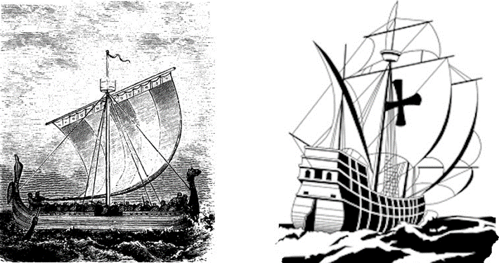 Drawings of a Viking long boat and a Spanish gallion, both square rigged and not able to sail upwind