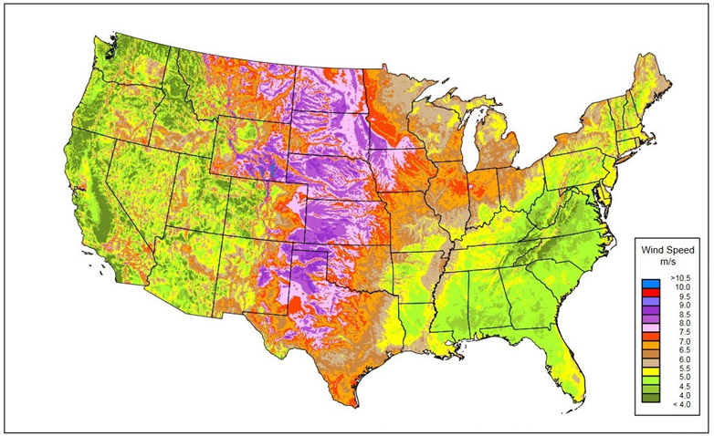 Map of US. The middle region from Texs to North Dakota has very high wind power potential which falls off to both coasts