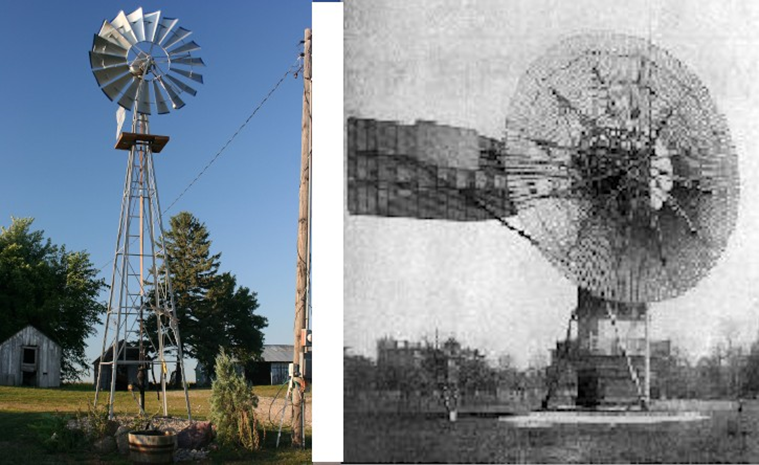 Photographs of a multiblade farm windmill on a tower and an older large one for generating electricity