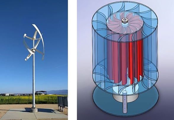 Left: photo of a simple 3 blade vertical windmill, right: drawing of a multiblade vertical axis rotor