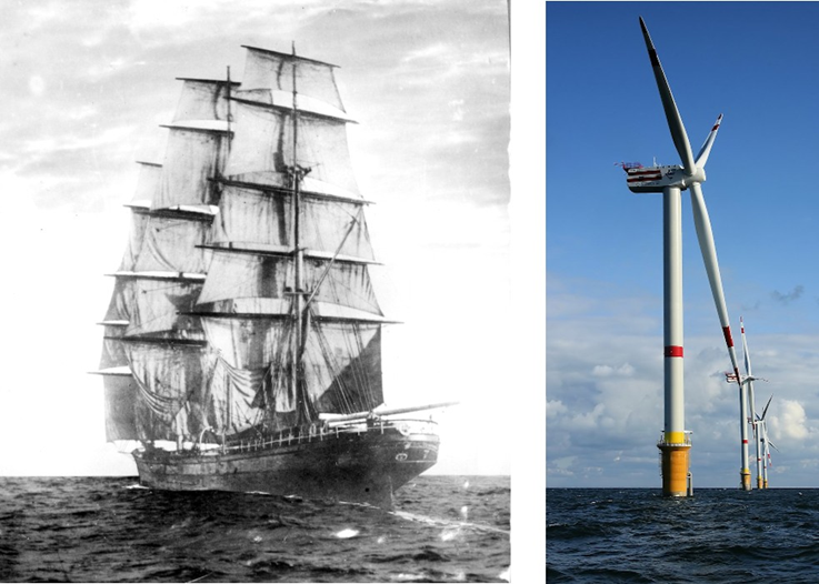 Clipper ship on left, row of modern ocean sited wind turbines on the right