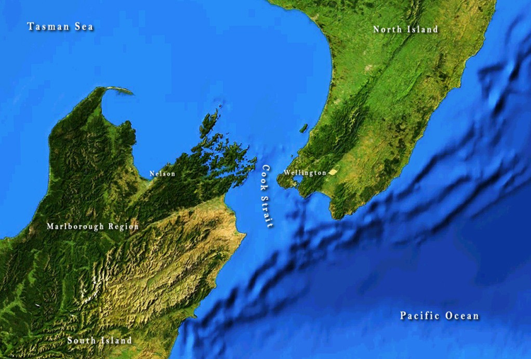 Map of the Cook Strait between the North and South Islands of New Zealand showing how it narrows from east to west
