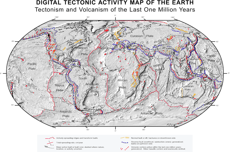 Map of Earth showing places where there are earthquakes and volcanoes