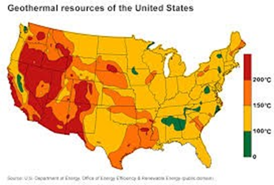 Geothermal energy map of the US, highest in the mountain west. Low spots include CA central valley and northern AL.