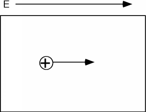 A medida que se aplica el campo eléctrico, efectivamente provoca que una sola carga positiva, que es el agujero en la rejilla de electrones, se mueva hacia la derecha.