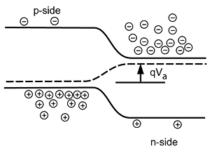 A p-n junction with the p-side bands lowered, meaning the Fermi line (represented as a dotted line) is no longer horizontal, but slants upward by a distance of qV_a when crossing from the p-side to the n-side.