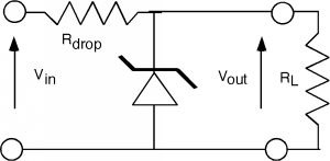Un circuito regulador de voltaje en el que se aplica un voltaje V_in a una resistencia de resistencia R_drop en serie con dos componentes en paralelo: un diodo Zener y una resistencia de carga con un voltaje V_out a través de él.