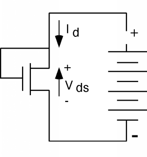 Una fuente de voltaje tiene corriente I_d que fluye fuera de su extremo positivo y entra en una unión donde una rama se conecta a la puerta de un MOSFET y la otra rama se conecta al drenaje del MOSFET. La fuente del MOSFET está conectada al extremo negativo de la fuente de voltaje. Hay una caída de voltaje de V_ds entre el drenaje y la fuente.