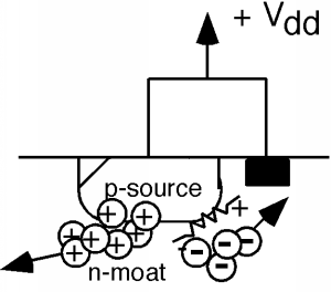 Los electrones que han sido barridos en el foso n, como se muestra en la Figura 6 anterior, son atraídos al contacto V_dd y provocan que se inyecten más agujeros en el foso desde la fuente p vecina.