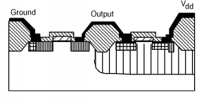 La oblea de la Figura 3 anterior tiene removidas las porciones de su recubrimiento metálico que cubren la capa de óxido subyacente.