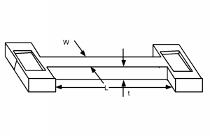 Una resistencia difusa, mostrada como un prisma rectangular largo y delgado de ancho W, largo L y altura t, que conecta dos rectángulos.