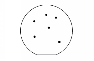 Vista de arriba hacia abajo de una oblea de silicio, en forma de círculo con un borde inferior ligeramente aplanado, que tiene seis pequeños puntos que representan defectos dispersos por su superficie.