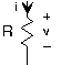 A vertically placed resistor of resistance R has current i entering it from the top. Moving from the top to the bottom of the resistor, there is a voltage drop of v.