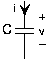 A capacitor of capacitance C is placed vertically so that current i enters its top, and there is a current drop of v going from its top to its bottom edges.