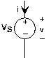 Una fuente de voltaje de valor V_s se coloca verticalmente, con su extremo positivo en la parte superior. Una corriente i ingresa a la fuente desde la parte superior, y hay una caída de voltaje v a través de ella de arriba a abajo.