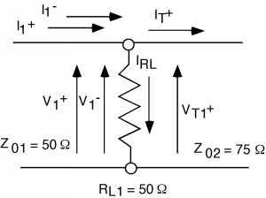 At the junction leading into the load resistor R_L1 from Figure 1 above, the currents I1+ and I1- enter the junction from the source, while current I_RL leaves the junction heading into the R_L1 load resistor and current IT+ leaves the junction heading for the second load resistor. There are voltages V1+, V1-, and VT1+ across the R_L1 load resistor.