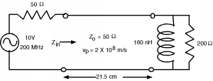 A transmission line with an impedance of Z_0 50 Ohms, v_p of 2 times 10^8 m/s, and length 21.5 cm has its left end attached to a sinusoidal 10V voltage source of frequency 200 MHz and source resistance 50 Ohms, and its right end attached to a 160-nH inductor and a 200-Ohm resistor in parallel.