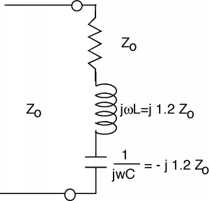 The load resistor and load inductor in series from Figure 1 above have a capacitor attached to them in series. The capacitor has impedance of -1.2 j times Z_0.