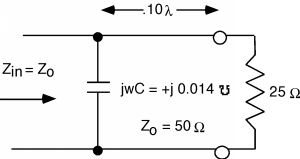 The right end of a transmission line contains a capacitor of susceptance j0.014 Siemens and a 25-Ohm resistor, connected in parallel by a line of length 0.10 lambda and impedance Z_0 of 50 Ohms. The input impedance to the parallel connection is equal to Z_0.