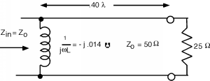 The right end of a transmission line contains an inductor of susceptance -j0.014 Siemens and a 25-Ohm resistor, connected in parallel by a line of length 0.40 lambda and impedance Z_0 of 50 Ohms. The input impedance to the parallel connection is equal to Z_0.