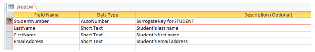 Showing a sample of a Microsoft Access database screen. THere are 3 columns: 1) field name; 2) data type; and 3) description. The field names and their data types are: 1) Student Number - an autonumber field; 2) first name - a text field, 3) last name - also a text field; and 4) email address - a text field.