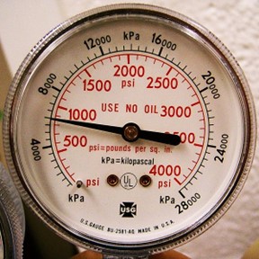 Close-up of a two scale pressure gauge