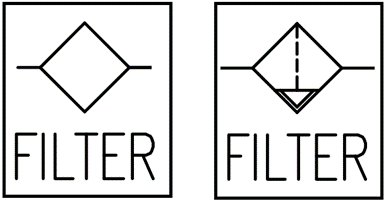 Two line drawings representing a Pneumatic Air Filter and Moisture Filter (ISO 1219)