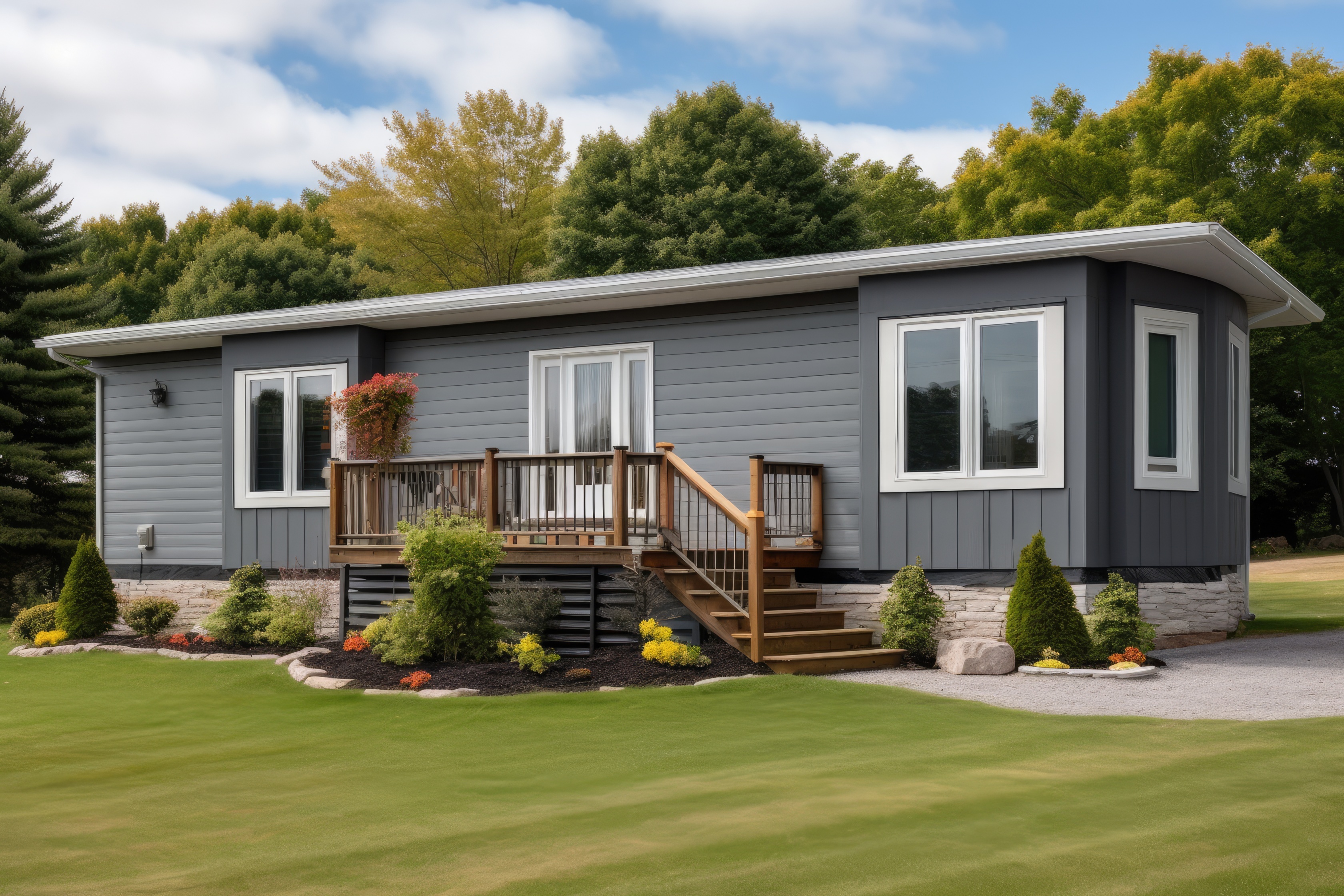 A modern modular home with gray siding, large windows, and a small wooden porch, surrounded by a well-manicured lawn and landscaped shrubs.