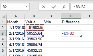 A screenshot of an Excel worksheet with four columns labeled Month, Value, SMA, and Difference. Cells B2 and B3 are selected and the Difference formula =B3-B2 is applied in the formula bar.