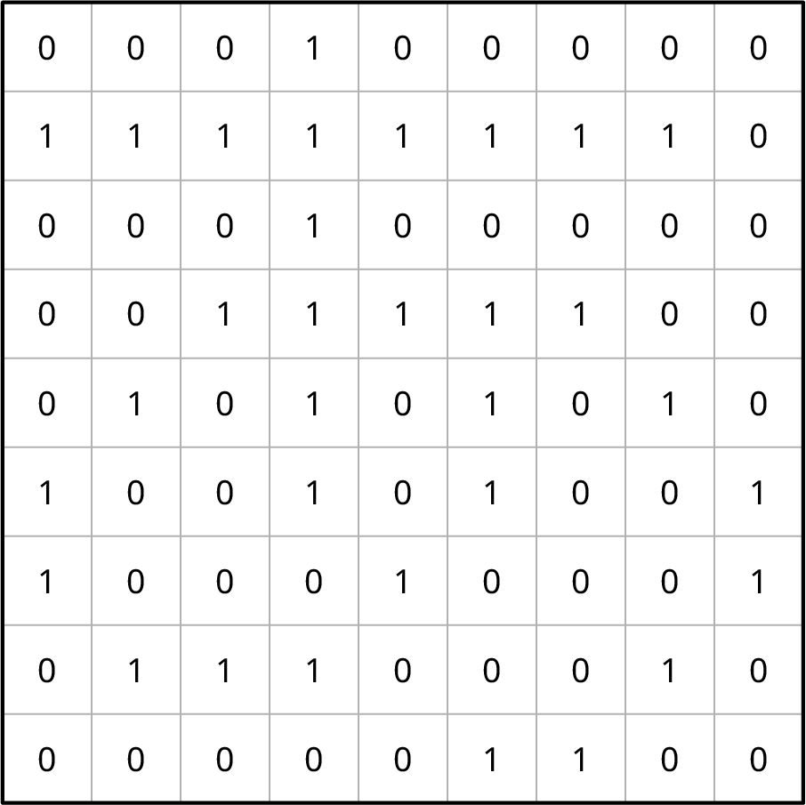 A 9 by 9 bitmap with 0s and 1s representing white and black.