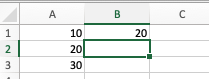 A screenshot of an Excel spreadsheet showing columns A, B, and C and rows 1, 2 and 3. Cell A1 is 10, cell A2 is 20 , and cell A3 is 30. Cell B2 is 20, which shows the result of using the formula =AVERAGE(A1, A2, A3).