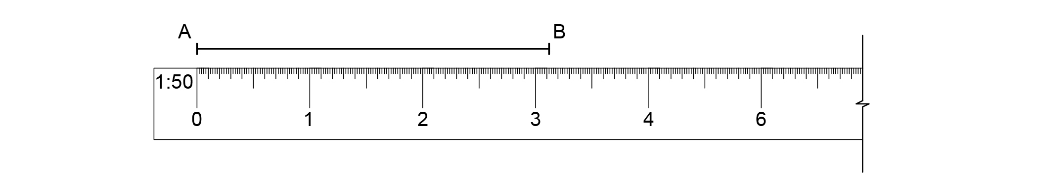 Line A-B and side of the metric scale ruler marked with the scale 1:50.