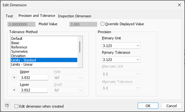 Double-click a dimension to open the Edit Dimension dialog box, then select the Precision and Tolerance tab to change the dimension tolerance.
